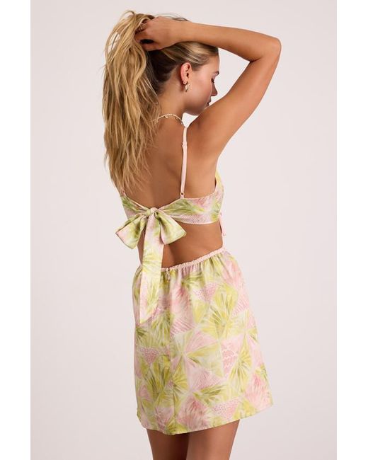 Lulus Natural Farrah Lime And Leaf Print Cutout Mini Dress