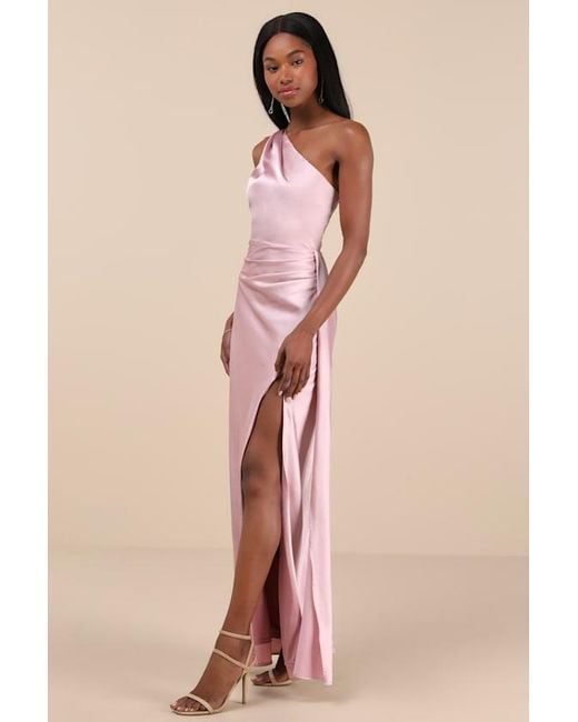 Lulus Pink Signature Elegance Dusty Satin One-Shoulder Maxi Dress