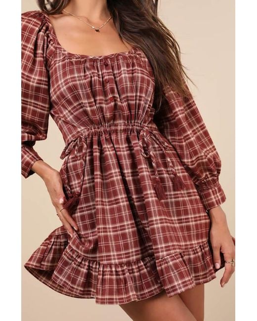 Lulus Autumn Perfection Plaid Mini Dress With Pockets in Red Lyst UK