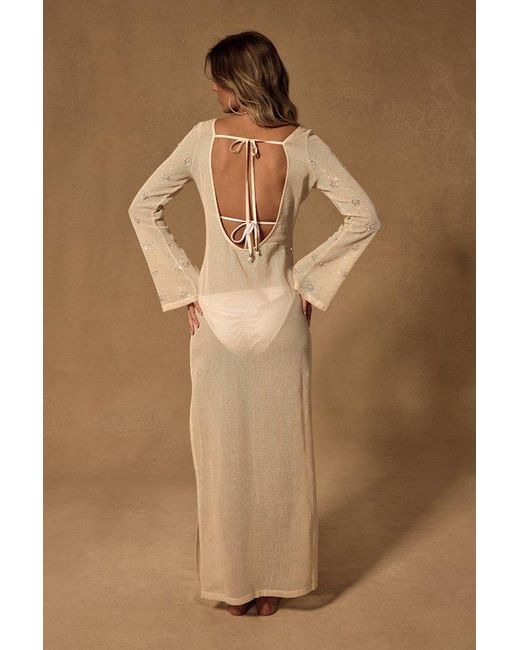 Lulus Natural Sunbeam Cream Crochet Sequin Maxi Swim Cover-Up