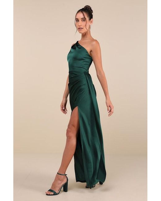 Lulus Signature Elegance Emerald Satin One-Shoulder Maxi Dress in Blue |  Lyst
