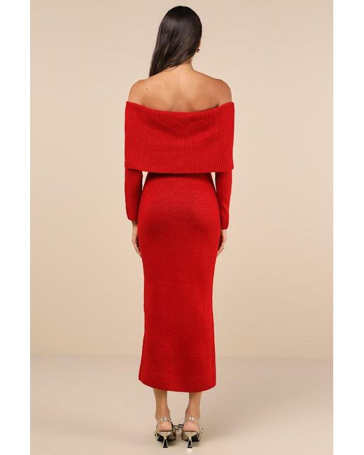 Lulus Red Cozy Excellence Heather Off-The-Shoulder Sweater Dress