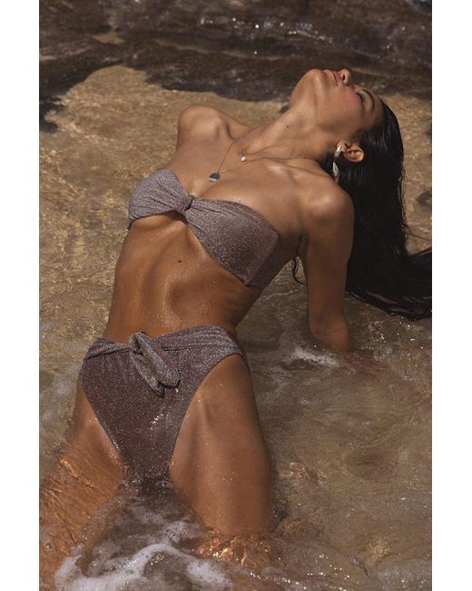 Dippin' Daisy's Gray Audrey Shiny Lurex Knotted High-Rise Bikini Bottoms