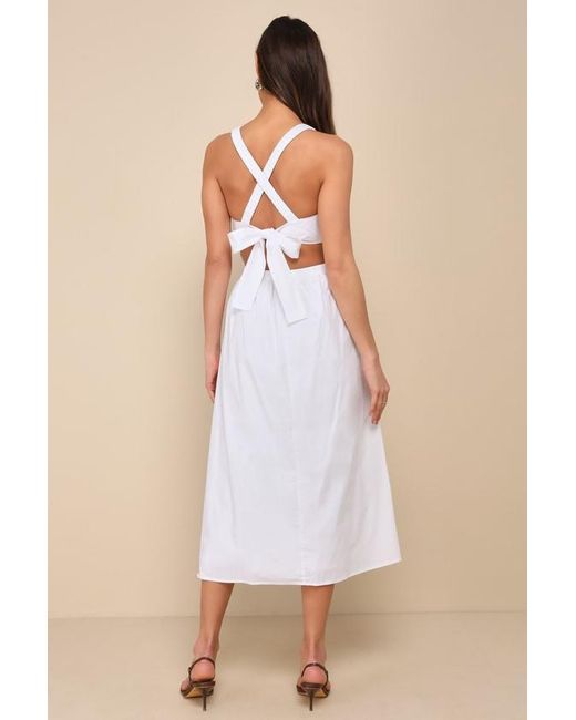 Lulus Natural Strolling Sicily Pleated Backless Midi Dress With Pockets