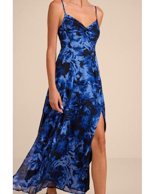 Lulus Blue Beautiful Soul Floral Print Twist-Front Maxi Dress