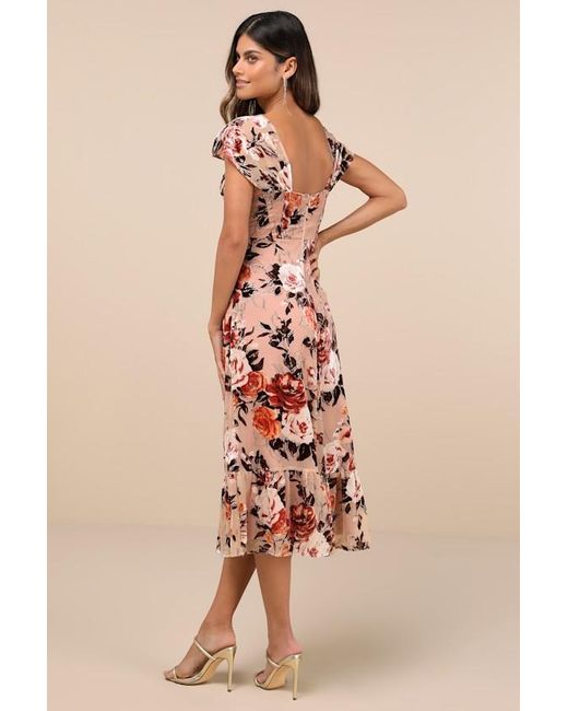 Lulus Pink Composed Beauty Burnout Velvet Floral Midi Dress