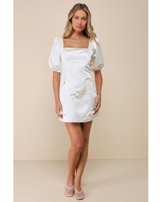 Lulus White Lovely Simplicity Satin Puff Sleeve Bow Mini Dress