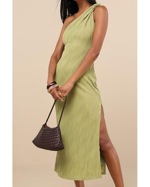 Lulus Green Aristea Light Textured One-Shoulder Midi Dress