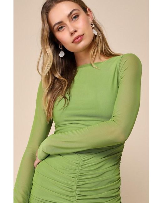 Lulus Green Eye-Catching Favorite Mesh Ruched Long Sleeve Mini Dress