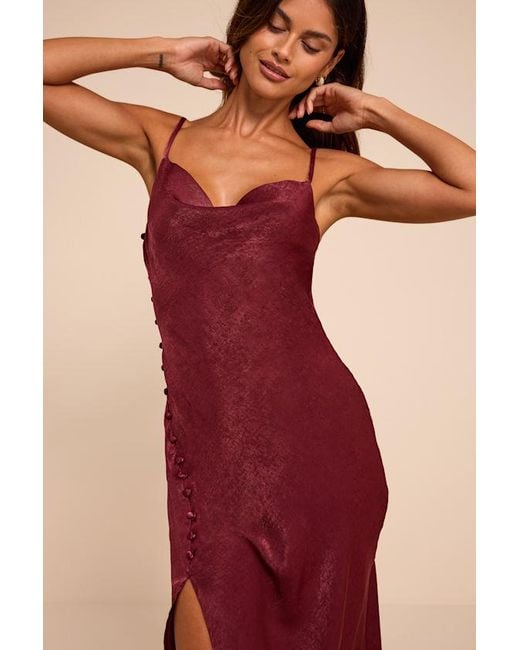 Lulus Natural Slinking Out Loud Satin Side Button Slip Dress