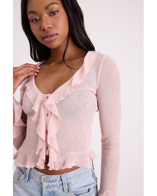 Lulus Pink Casley Blush Ruffled Button-Front Sweater Knit Top