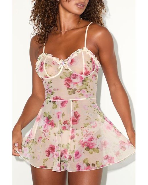 Lulus Pink Iveline Cream Floral Ruffled Sheer Mesh Lingerie Romper