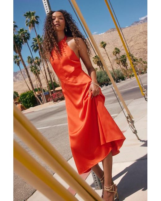 Lulus Orange Deva Satin Halter Midi Dress