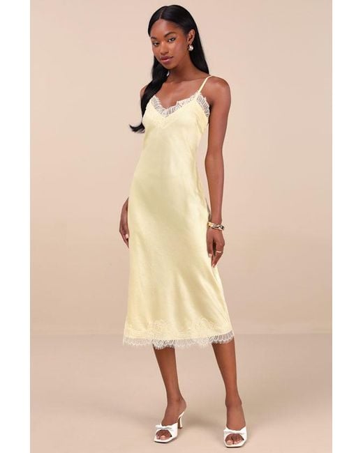 Lulus Natural Raenne Crinkle Satin Lace Midi Slip Dress