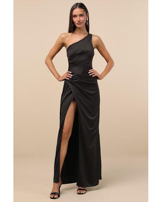 Lulus Black Dreaming Of Elegance Satin One-Shoulder Maxi Dress