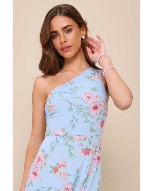 Lulus Blue Elegant Admiration Floral One-Shoulder Maxi Dress