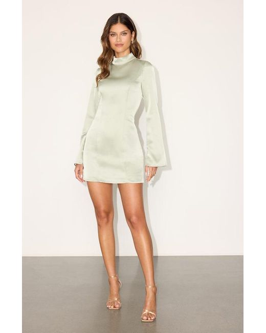 Lulus White Melilla Pale Sage Satin Mock Neck Backless Mini Dress