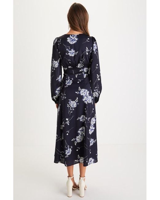 Lulus Blue Beautiful Details Floral Long Sleeve Midi Dress