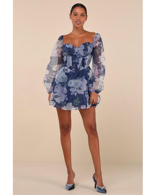 Lulus Blue Positively Enchanting Floral Organza Bustier Mini Dress