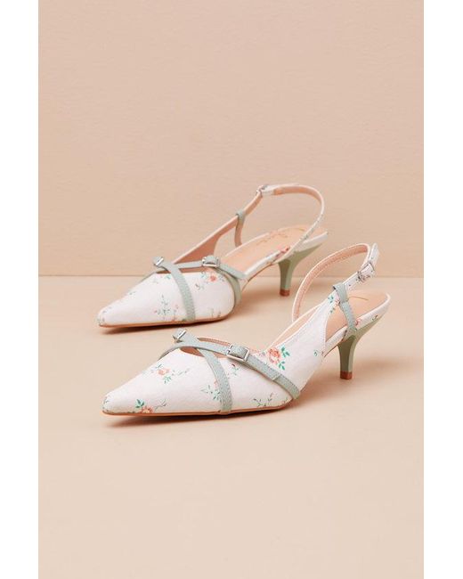 Lulus Blue Marinette Mint Floral Pointed-Toe Kitten Heel Pumps
