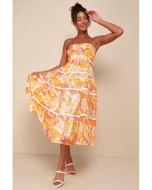 Lulus Orange Sunlight Aura Floral Strapless Tiered Midi Dress