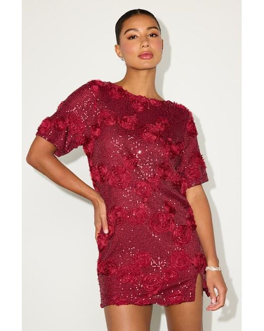 Lulus Red Kayleena Sequin Rosette Tie-Back Shift Dress