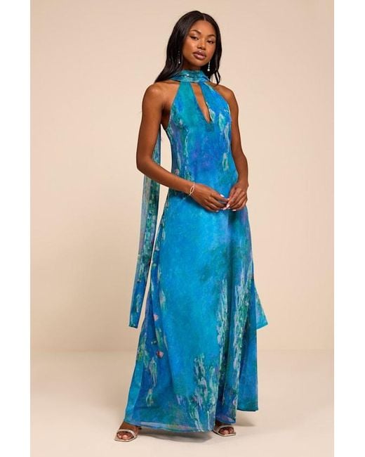 Lulus Blue Calixta Abstract Chiffon Sash Shift Maxi Dress