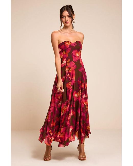 Lulus Red Madoria Multi Floral Strapless Midi Dress