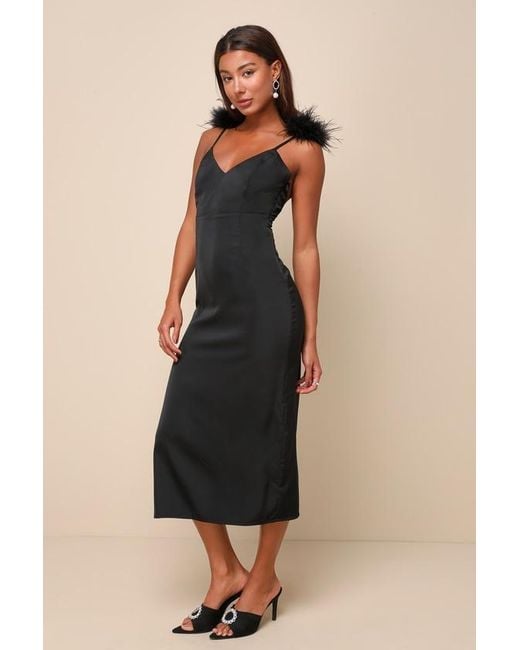 Lulus Natural Exquisite Invite Satin Feather Backless Midi Dress