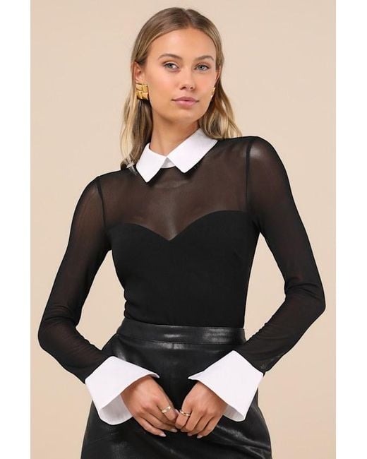 Lulus Black Confident Essence Mesh Long Sleeve Bodysuit