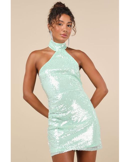 Lulus Green Sensational Purpose Mint Sequin Halter Tulip Mini Dress