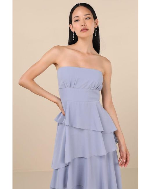Lulus Blue Gorgeous Essence Strapless Tiered Maxi Dress