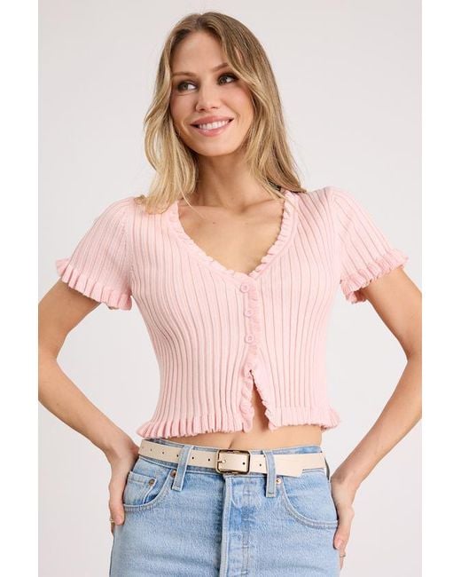 Lulus Pink Keighlen Ribbed Ruffled Short Sleeve Sweater Top