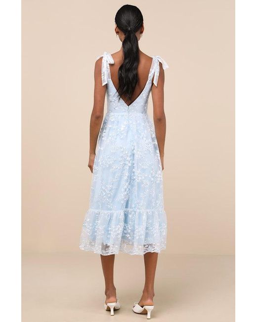 Lulus Blue Distinctly Sweet Floral Embroidered Tie-Strap Midi Dress
