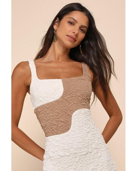 Lulus Natural Instantly Adored Taupe And Cream Color Block Textured Midi Dress