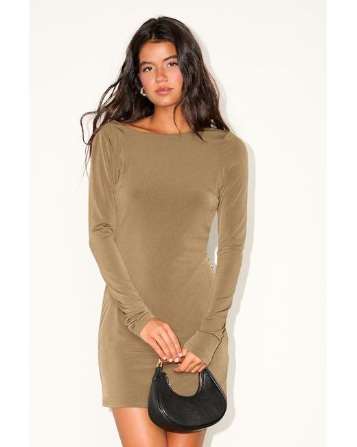 Lulus Natural Noey Jersey Knit Cowl Back Long Sleeve Mini Dress