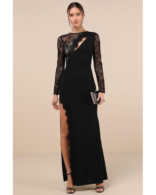 Lulus Black Flawlessly Confident Lace Asymmetrical Cutout Maxi Dress