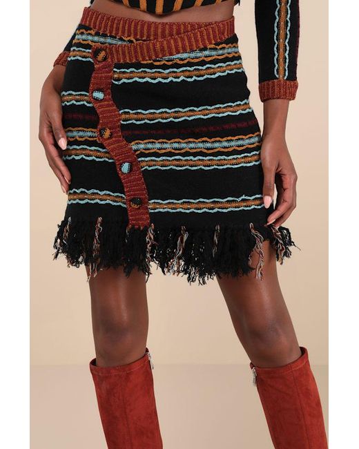 MUTMA Natural Shada Multi Striped Knit Wool-Blend Fringe Mini Skirt