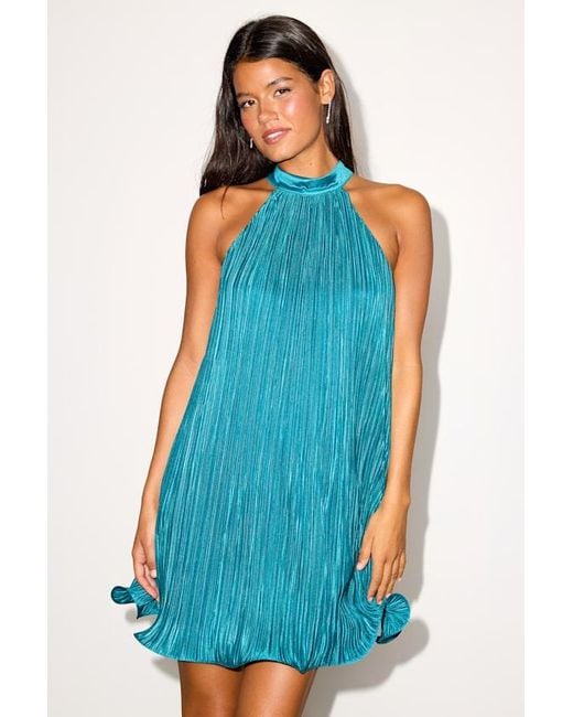 Lulus Blue Vaivah Satin Plisse Mock Neck Swing Mini Dress