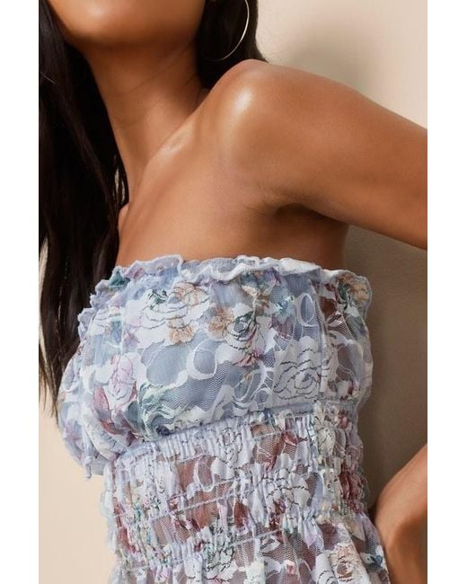 Lulus Blue Lovely Sweetness Floral Lace Strapless Smocked Top