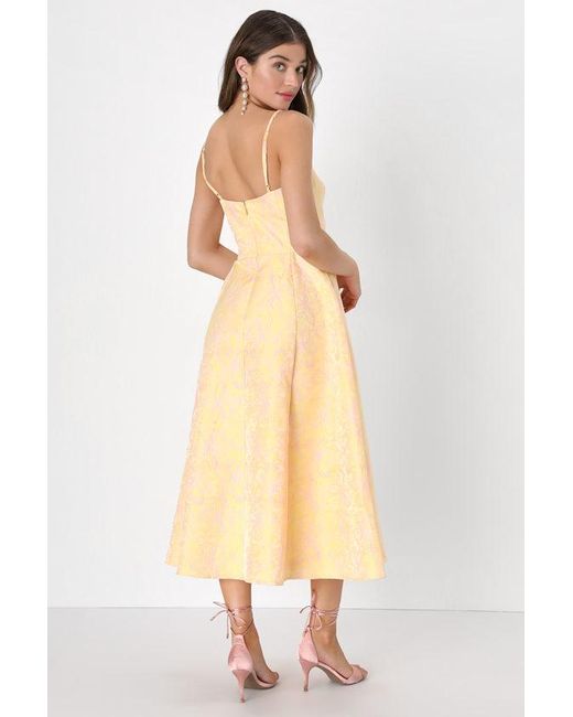 Lulus Yellow Meet For Tea Jacquard Bustier Midi Dress With Pockets
