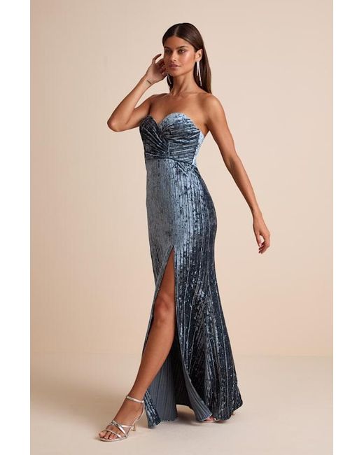 Lulus Blue Classy Sensation Slate Velvet Pleated Strapless Maxi Dress