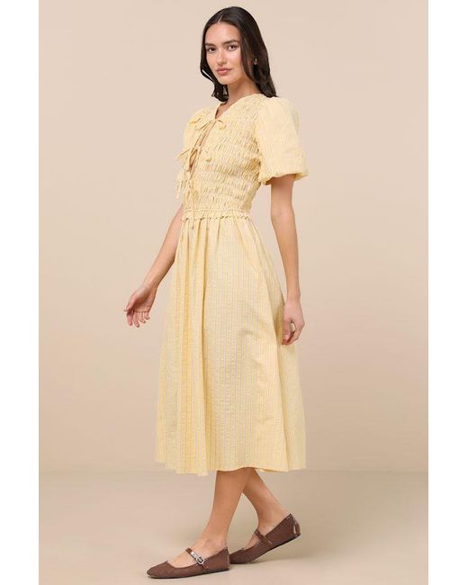 Extro & Vert Natural Sara Striped Smocked Puff Sleeve Midi Dress