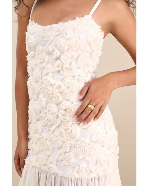 Lulus Natural Kalene Cream 3D Rosette Sheer Hem Maxi Dress