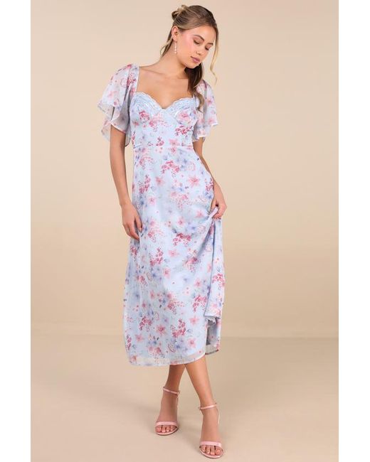 Lulus Blue Valla Floral Flutter Sleeve Midi Dress
