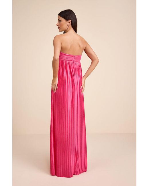 Lulus Pink Whimsical Beauty Satin Plisse Strapless Maxi Dress