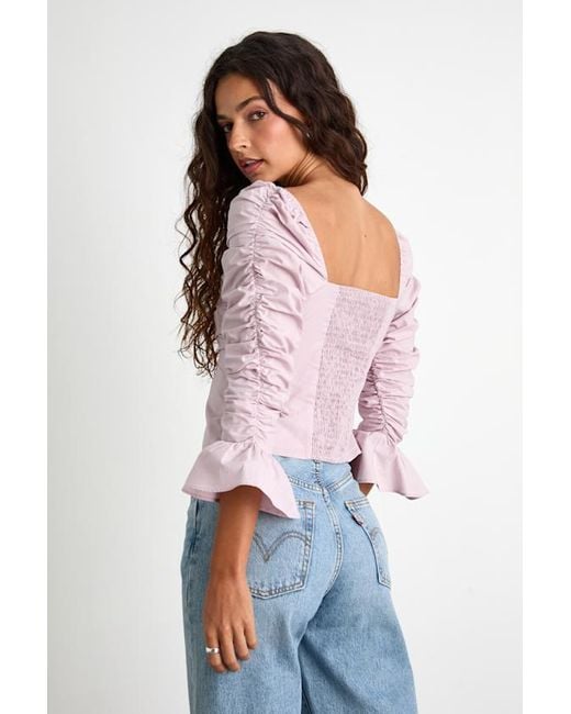 Lulus Purple Felia Dusty Cotton Ruched Three-Quarter Sleeve Top