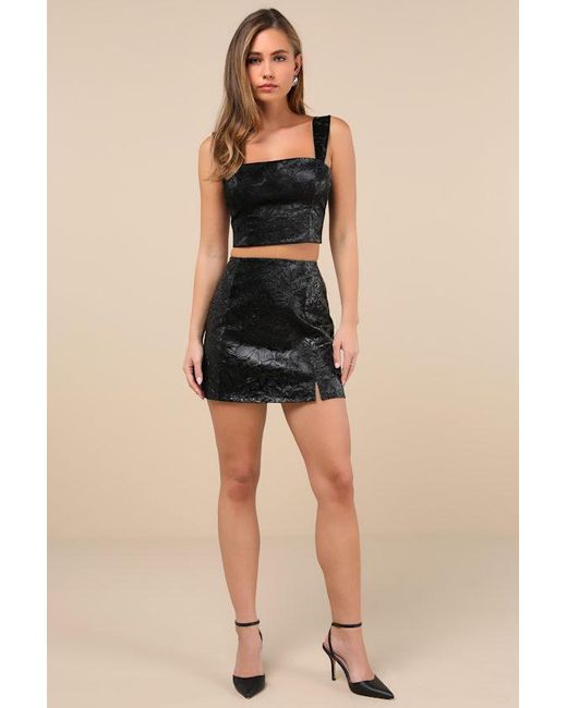 Lulus Black Elaborate Chicness Embossed Lace-Up Top