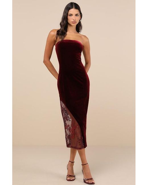 Lulus Natural Feeling So Luxe Velvet Mesh Sequin Strapless Midi Dress