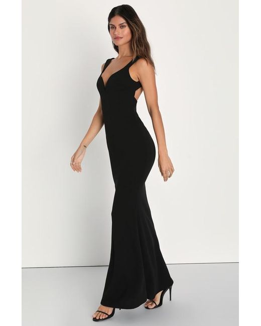 Lulus Black Alluring Temptation Backless Ruched Mermaid Maxi Dress